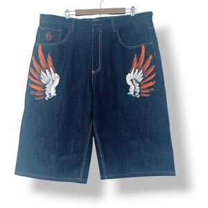 Eight 732 Denim Shorts Embroidered Wings Streetwear Orange White Hip Hop Size 40